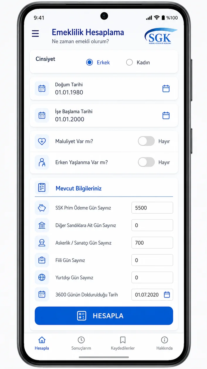Emeklilik Hesaplama Android uygulamasının bilgi giriş ekranı