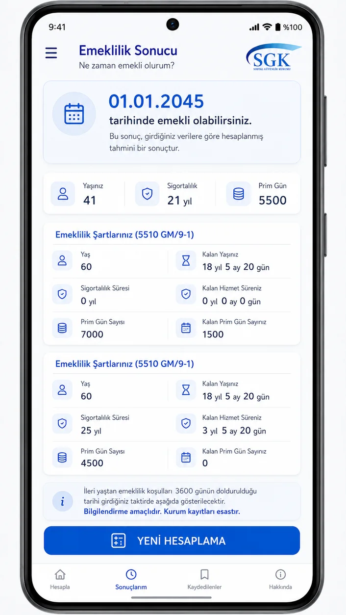 Emeklilik Hesaplama Android uygulamasının sonuç ekranı